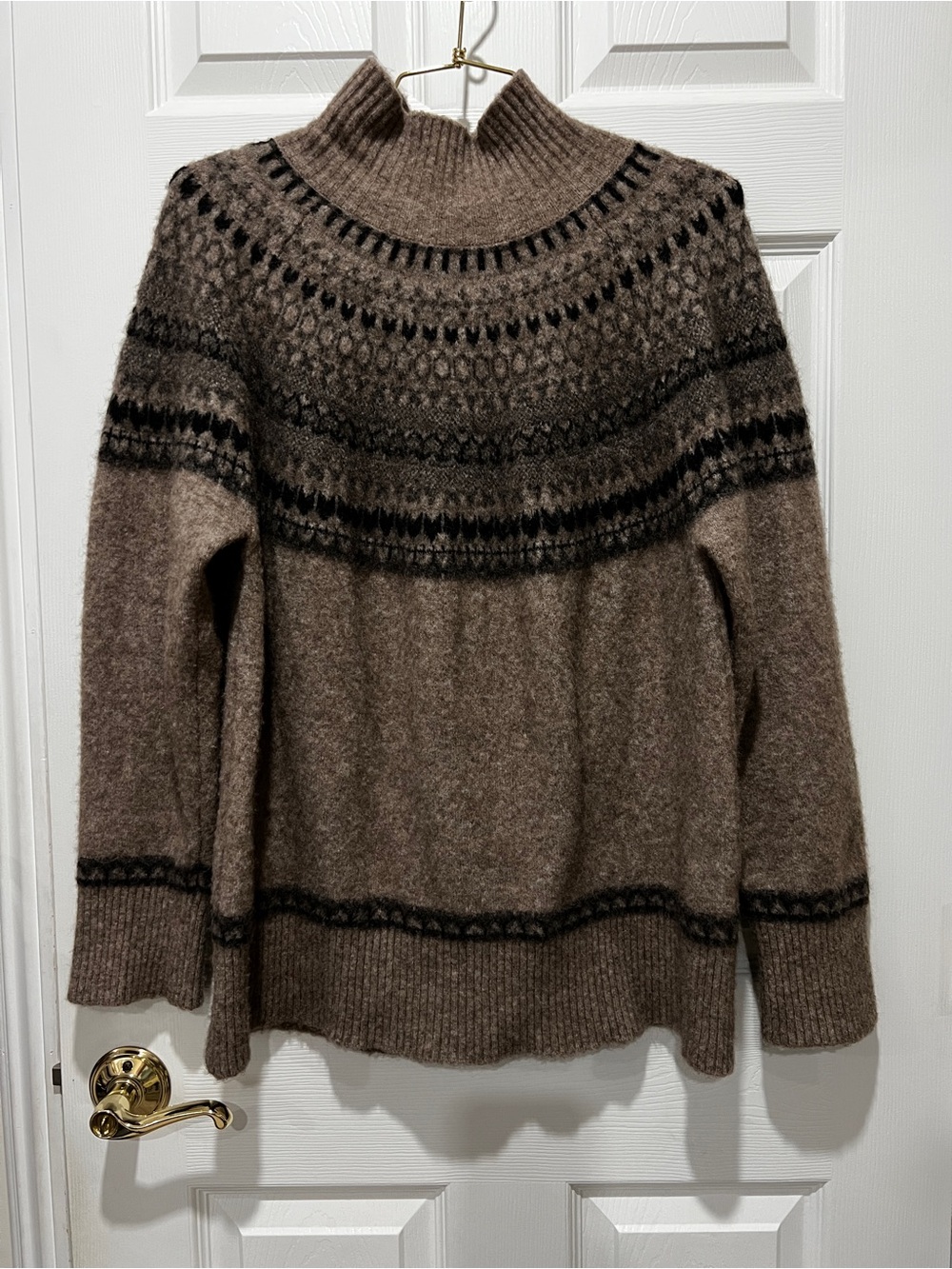ZARA Sweater Mock-Neck Fair Isle Nordic Size Medium Wool Blend Brown Long Sleeve - Picture 4 of 6